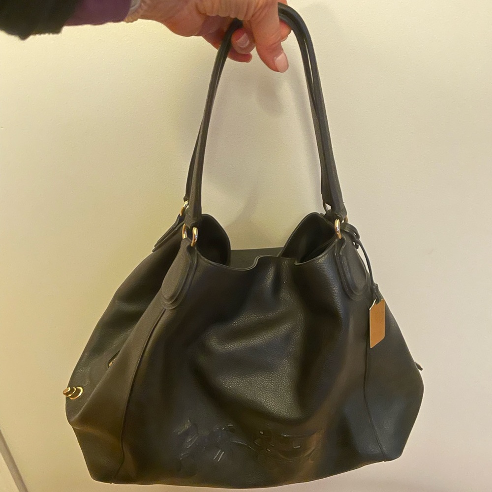 Coach Edie Pebble Leather large hobo with horse and carriage logo, black